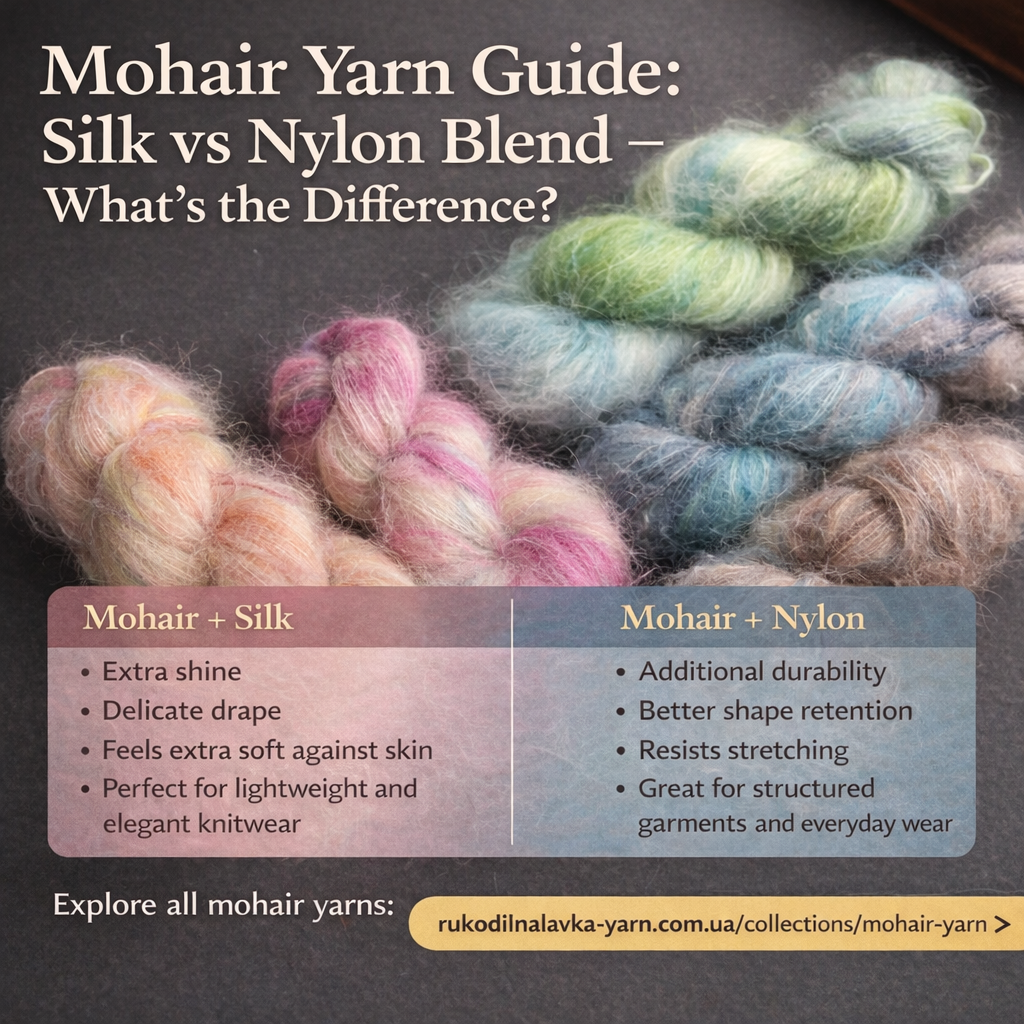 Hand-dyed mohair yarn skeins in pastel shades showing soft halo texture, illustrating the difference between mohair silk and mohair nylon blends for knitting.