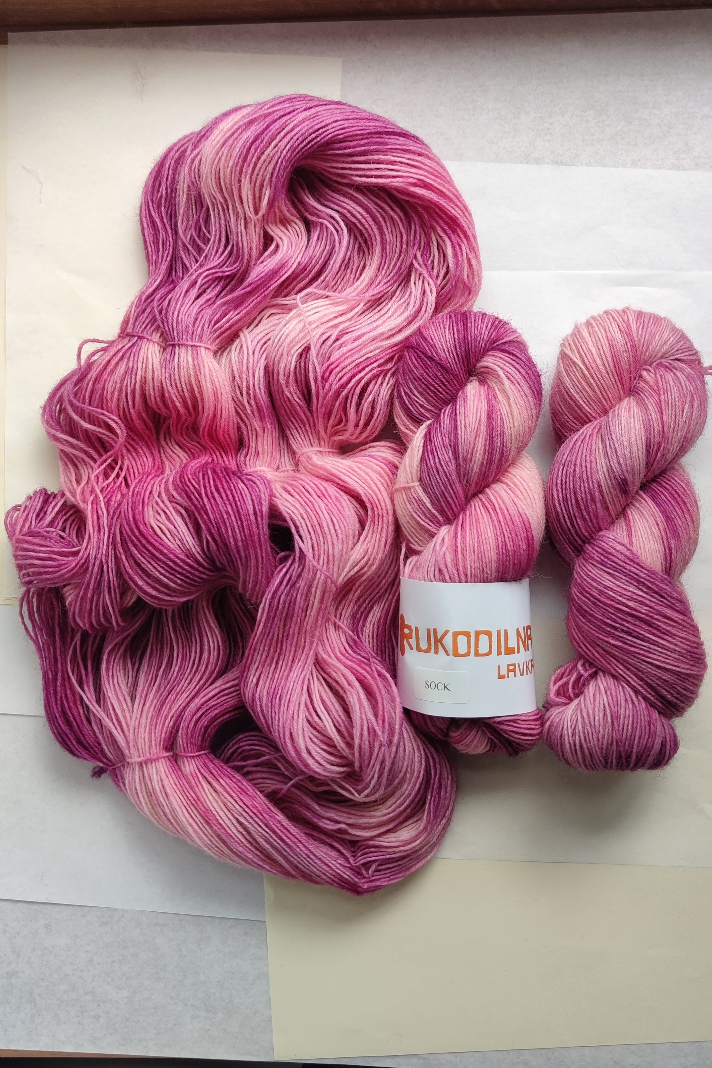 Hand dyed pink variegated sock yarn, merino nylon skein for knitting socks