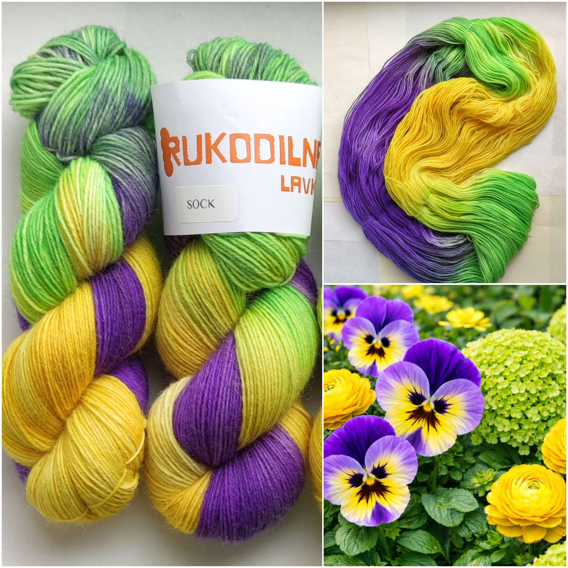 Hand dyed sock yarn skeins in purple, yellow and green variegated colors inspired by spring flowers