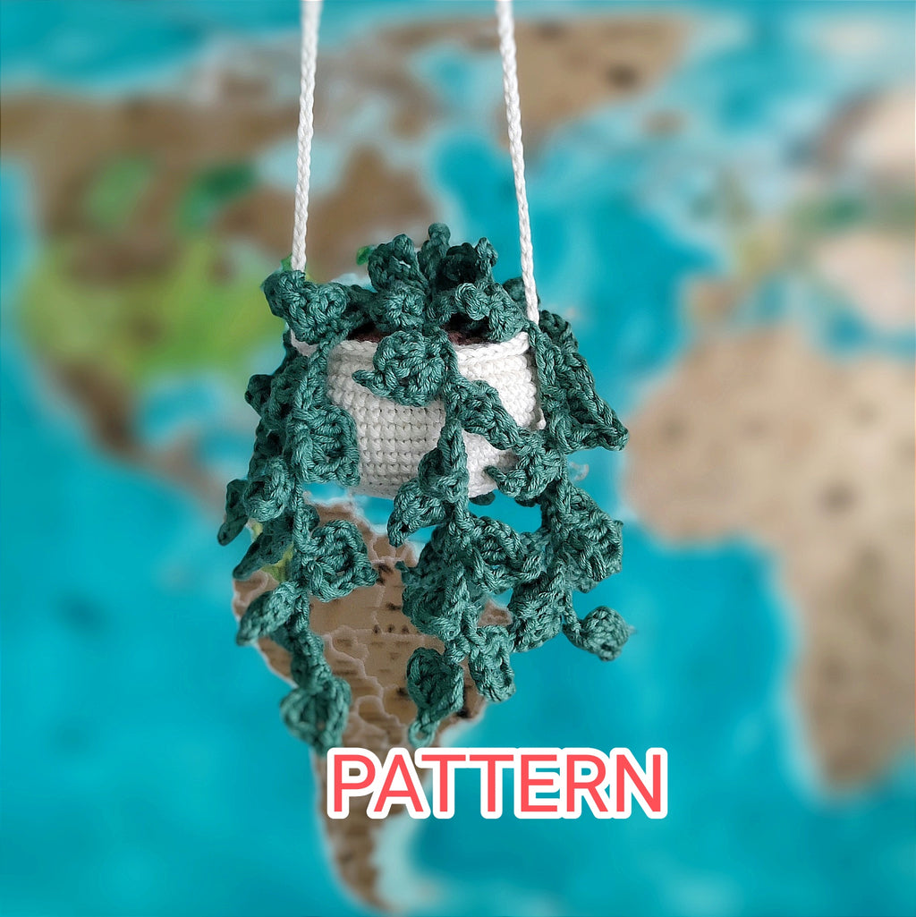 Crochet hanging plant decor made from cotton yarn, easy crochet pattern for car and home accessories