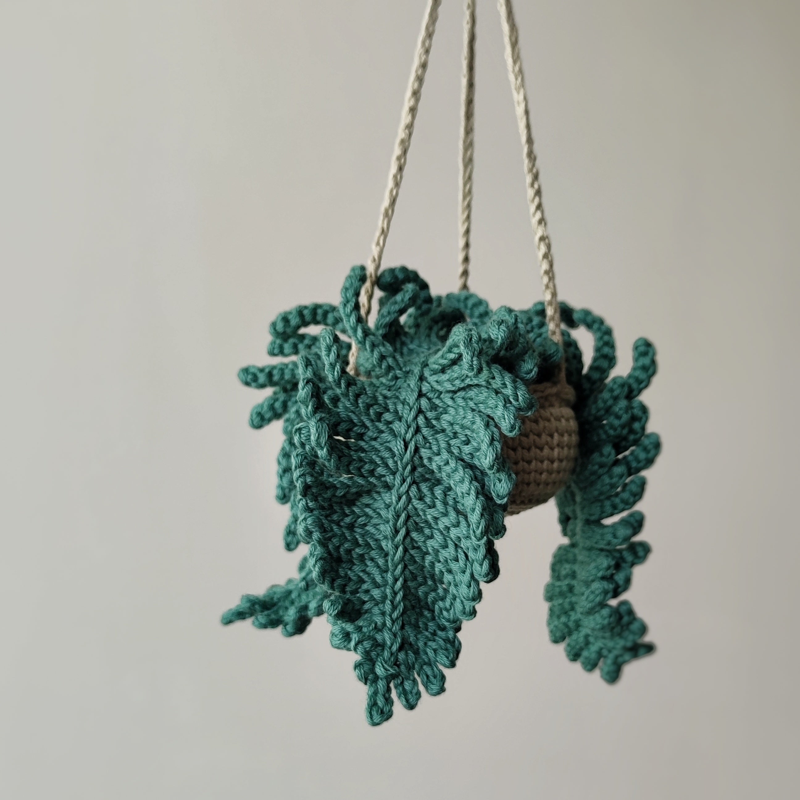 Crochet fern hanging plant pattern with textured green fern leaves and hanging cords on a neutral background.