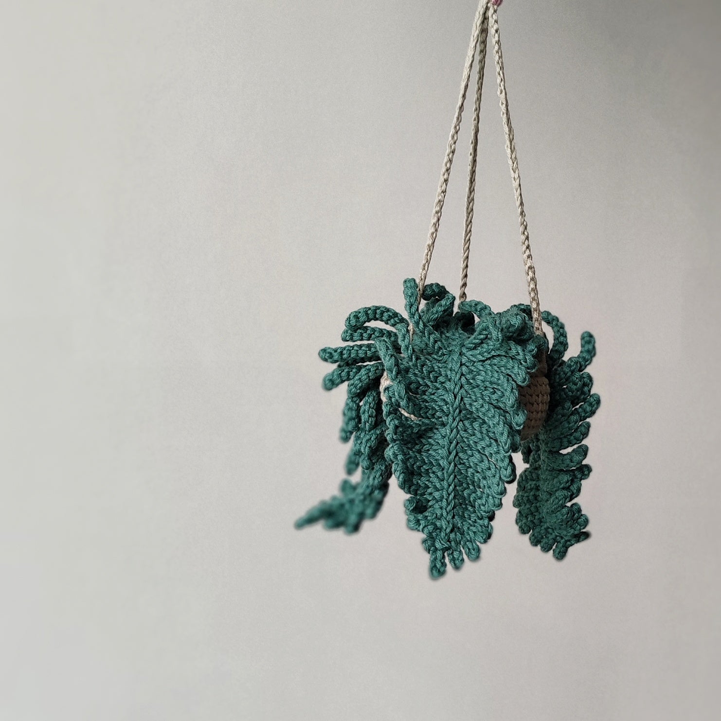 Crochet fern hanging plant pattern with textured green fern leaves and hanging cords on a neutral background.