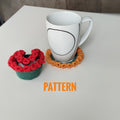 Crochet flower coaster and small crochet basket with decorative petals, pattern example shown.