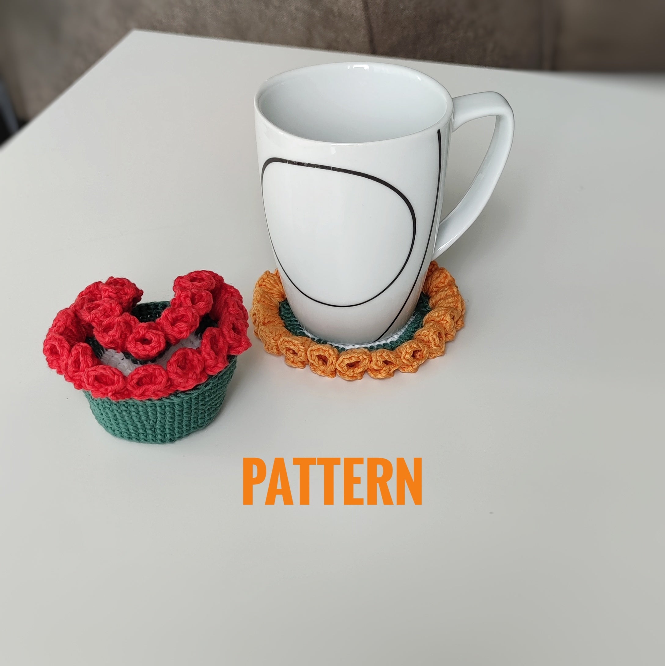 Crochet flower coaster and small crochet basket with decorative petals, pattern example shown.