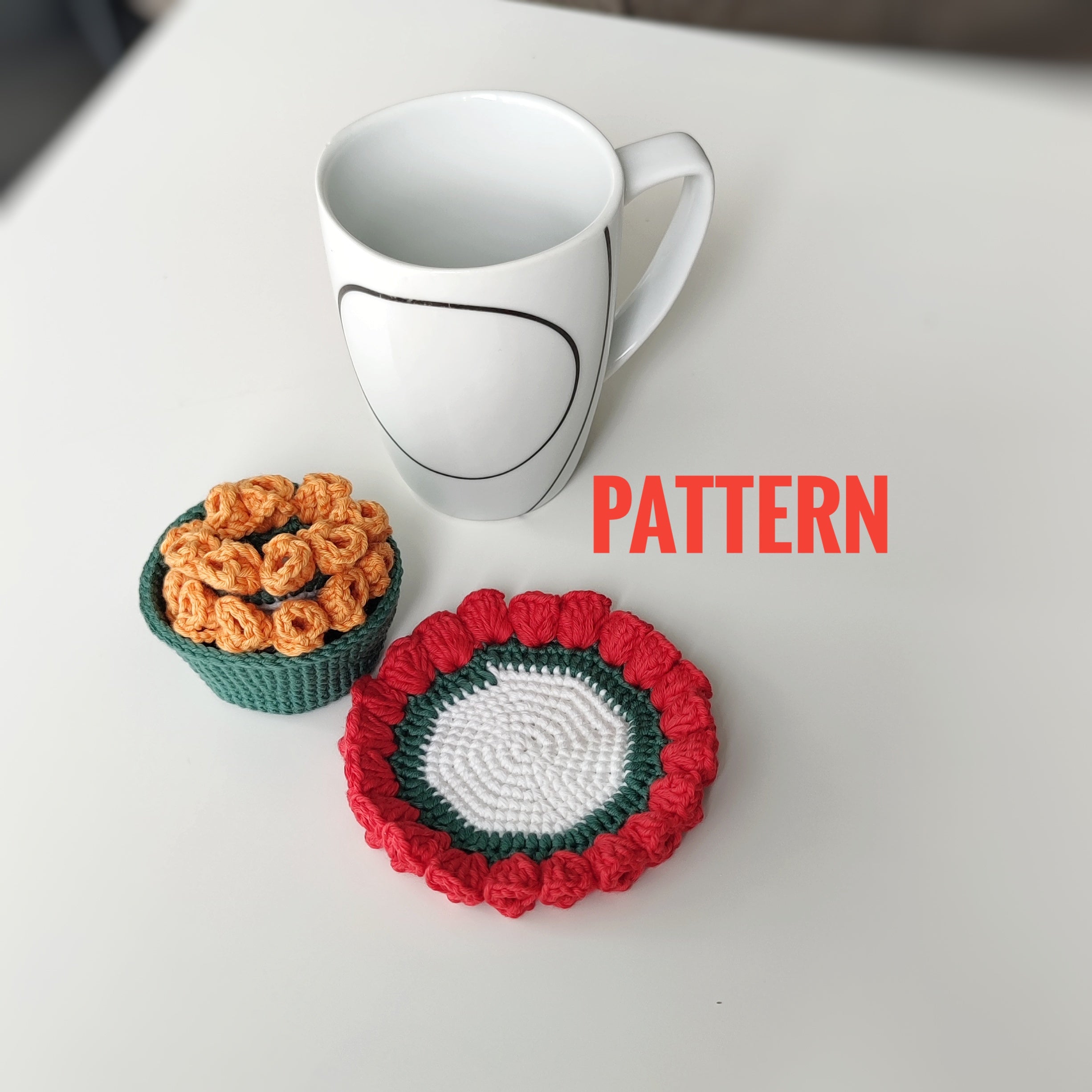Crochet flower coaster and small crochet basket with decorative petals, pattern example shown.