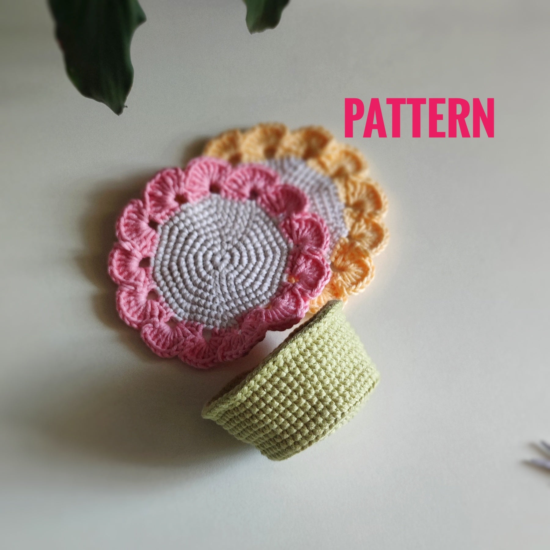 Flower crochet coaster pattern with scalloped edges, pastel crochet mug rug and small matching basket, handmade home decor