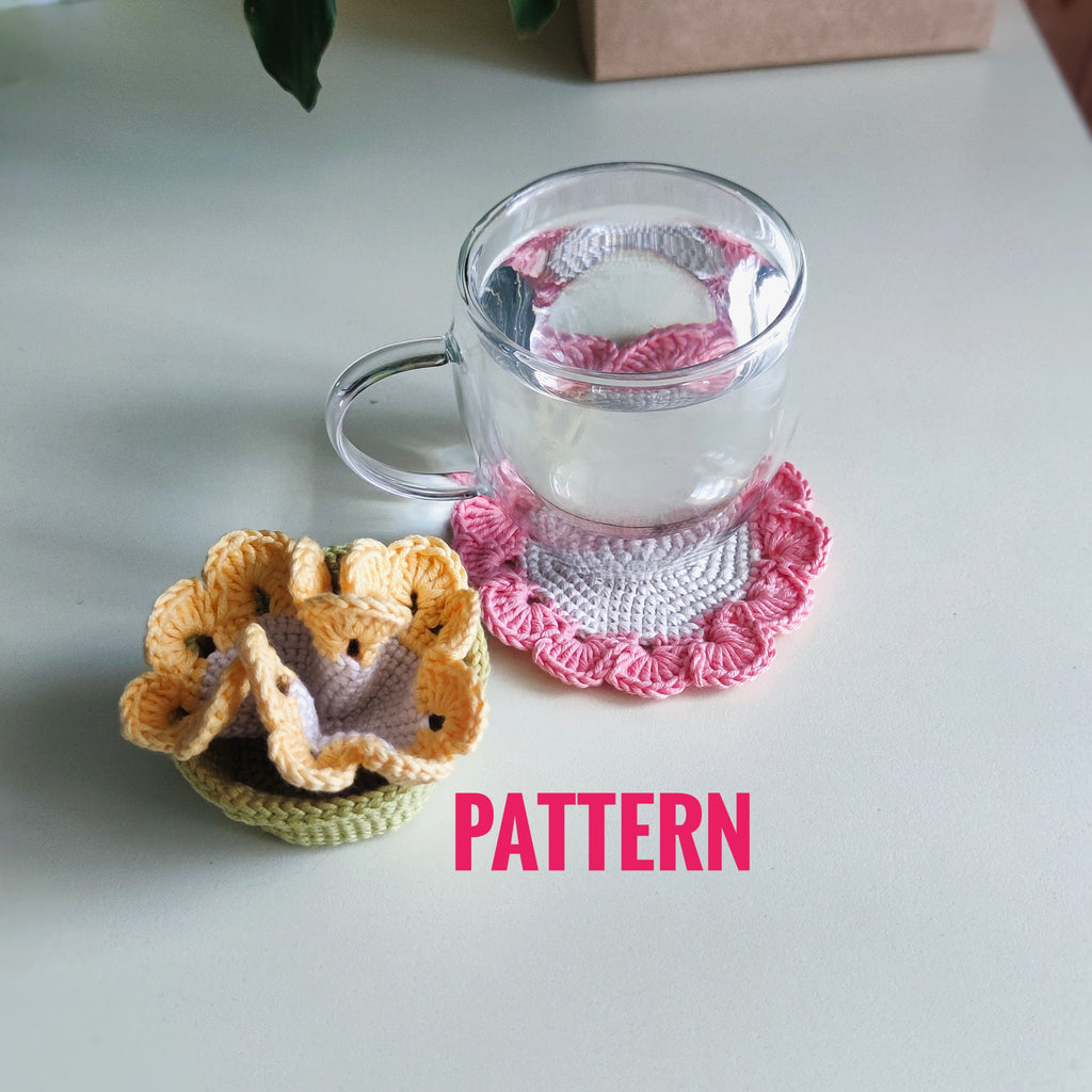 Flower crochet coaster pattern with scalloped edges, pastel crochet mug rug and small matching basket, handmade home decor