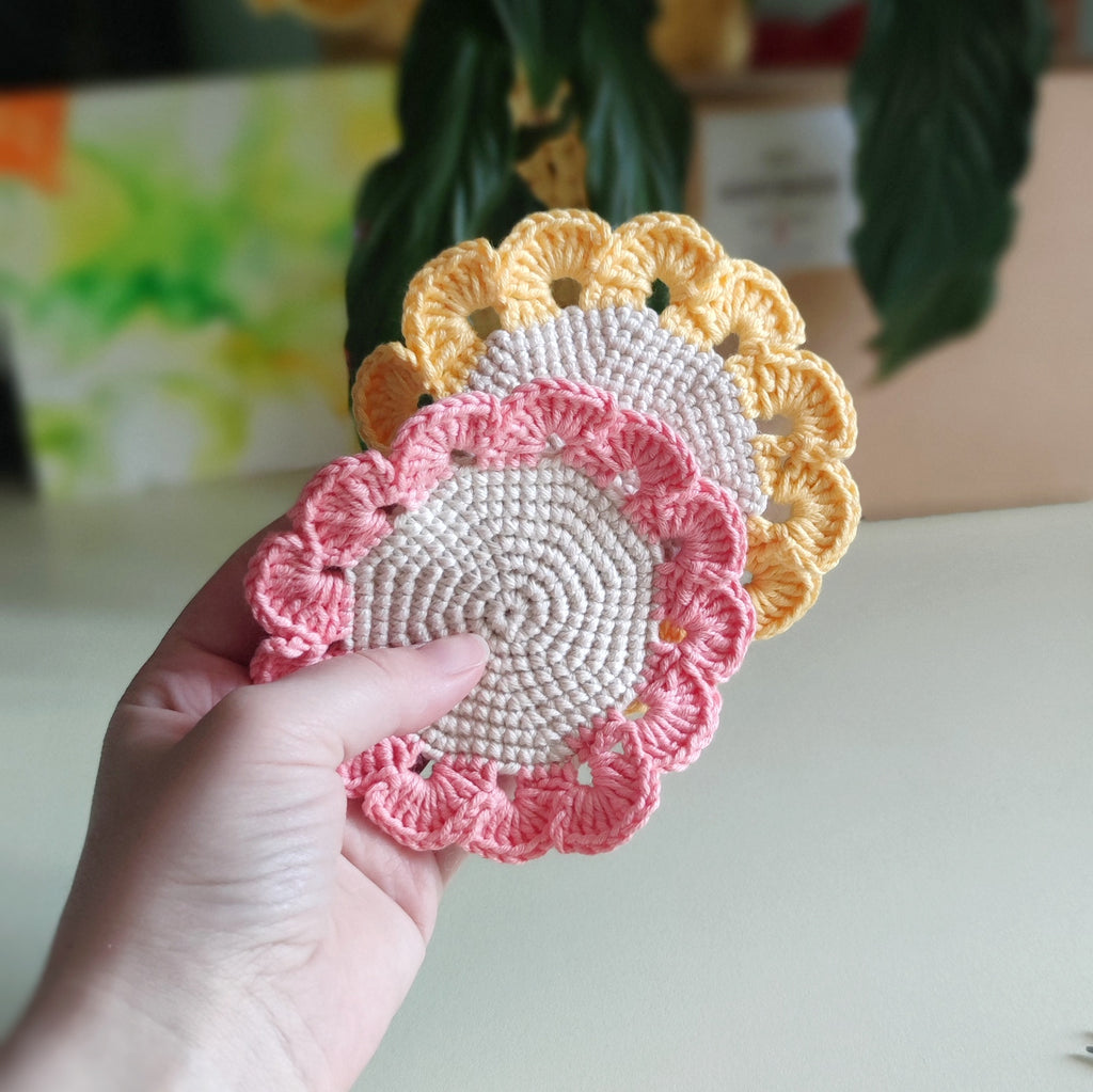 Flower crochet coaster pattern with scalloped edges, pastel crochet mug rug and small matching basket, handmade home decor