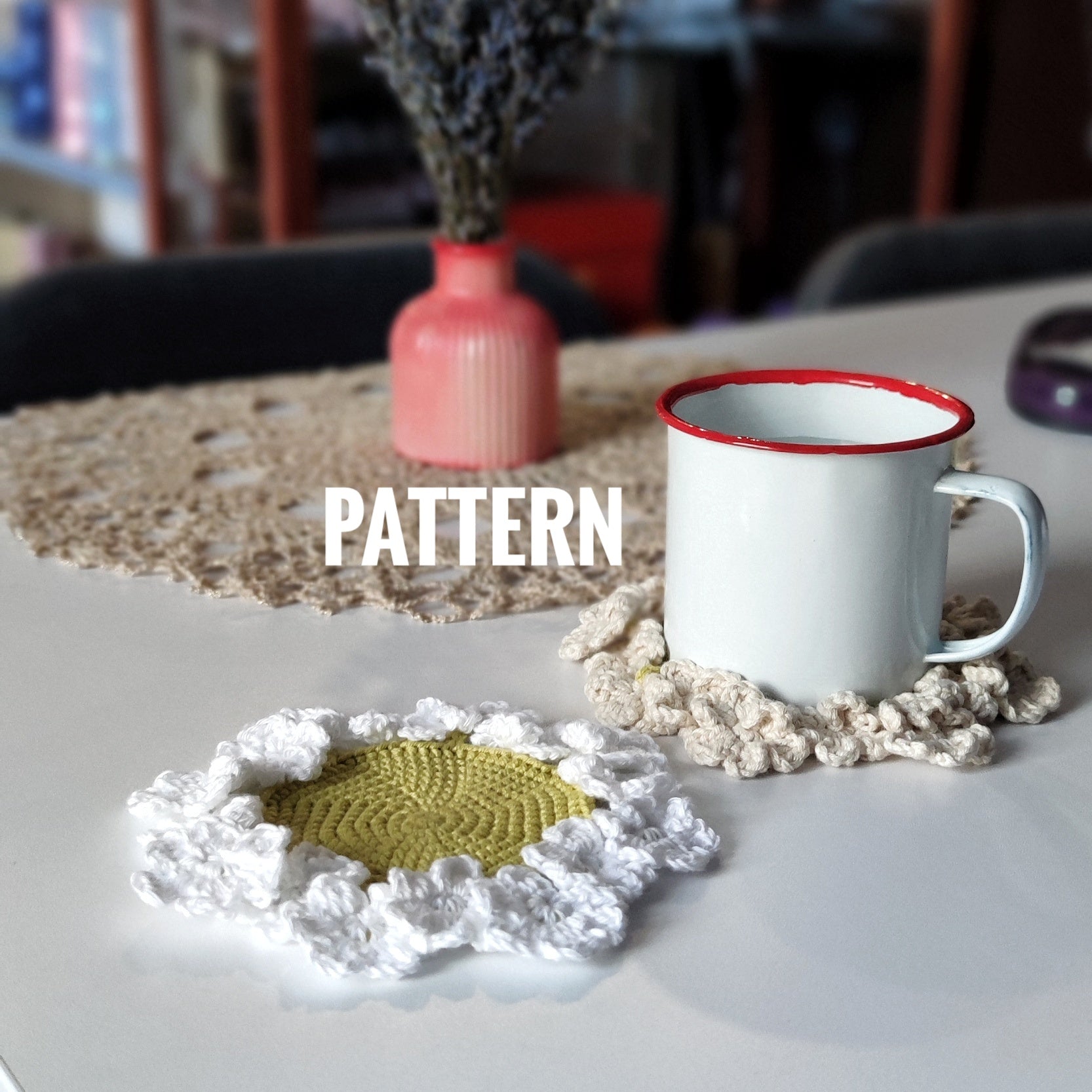 Flower crochet coaster with ruffled edge under coffee mug