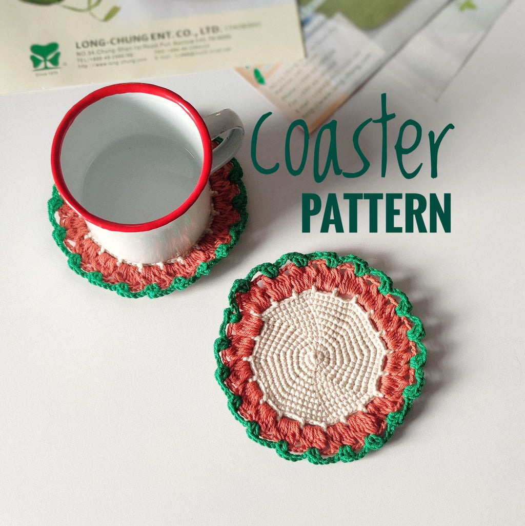Beginner friendly crochet coaster used under a cup, simple round coaster pattern example shown.