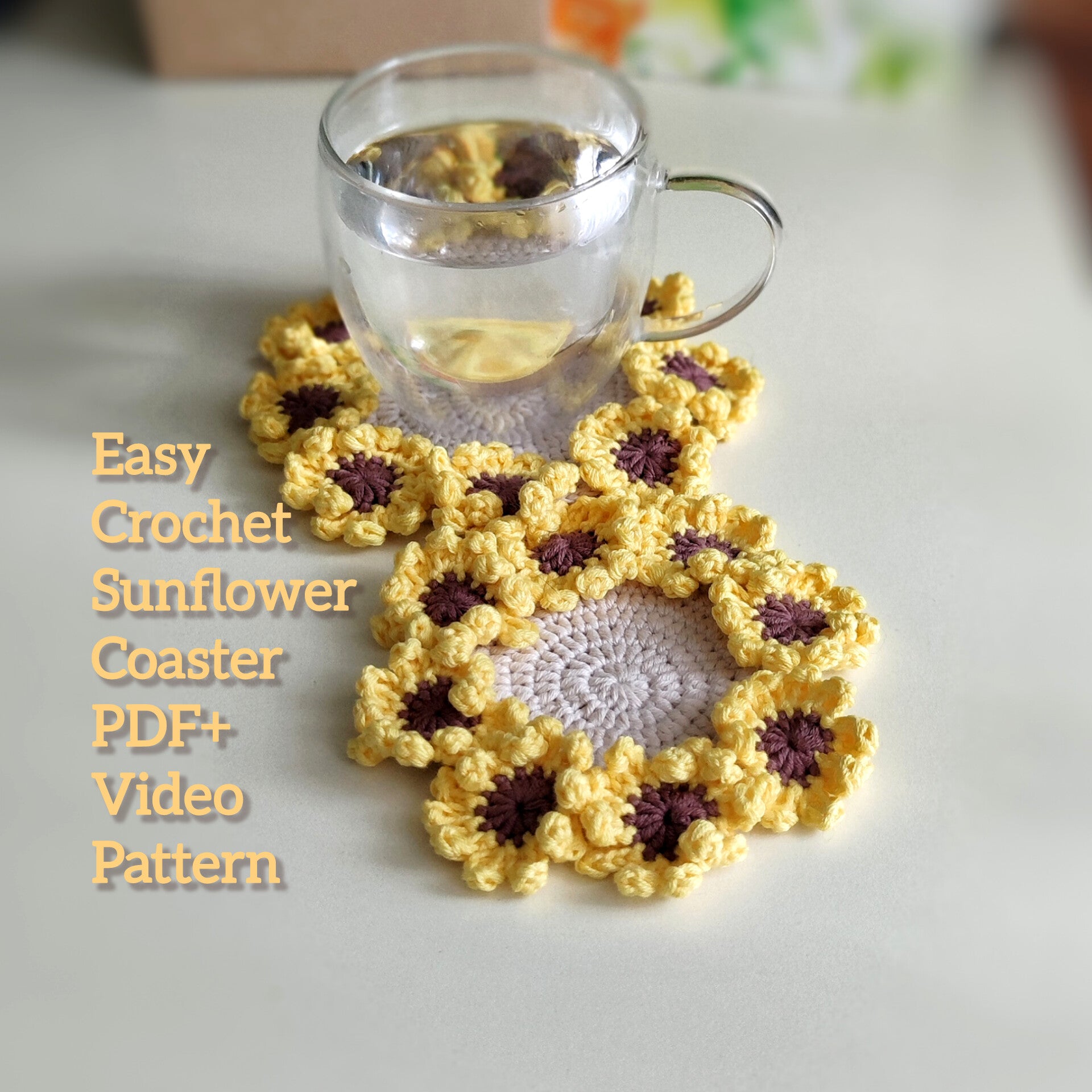 Sunflower crochet coasters with textured petal clusters, pattern example shown.