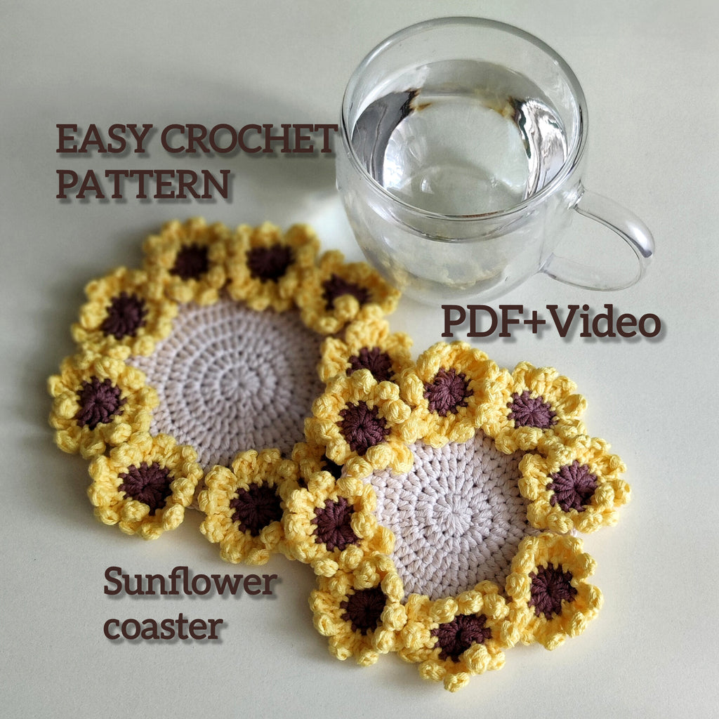 Sunflower crochet coasters with textured petal clusters, pattern example shown.