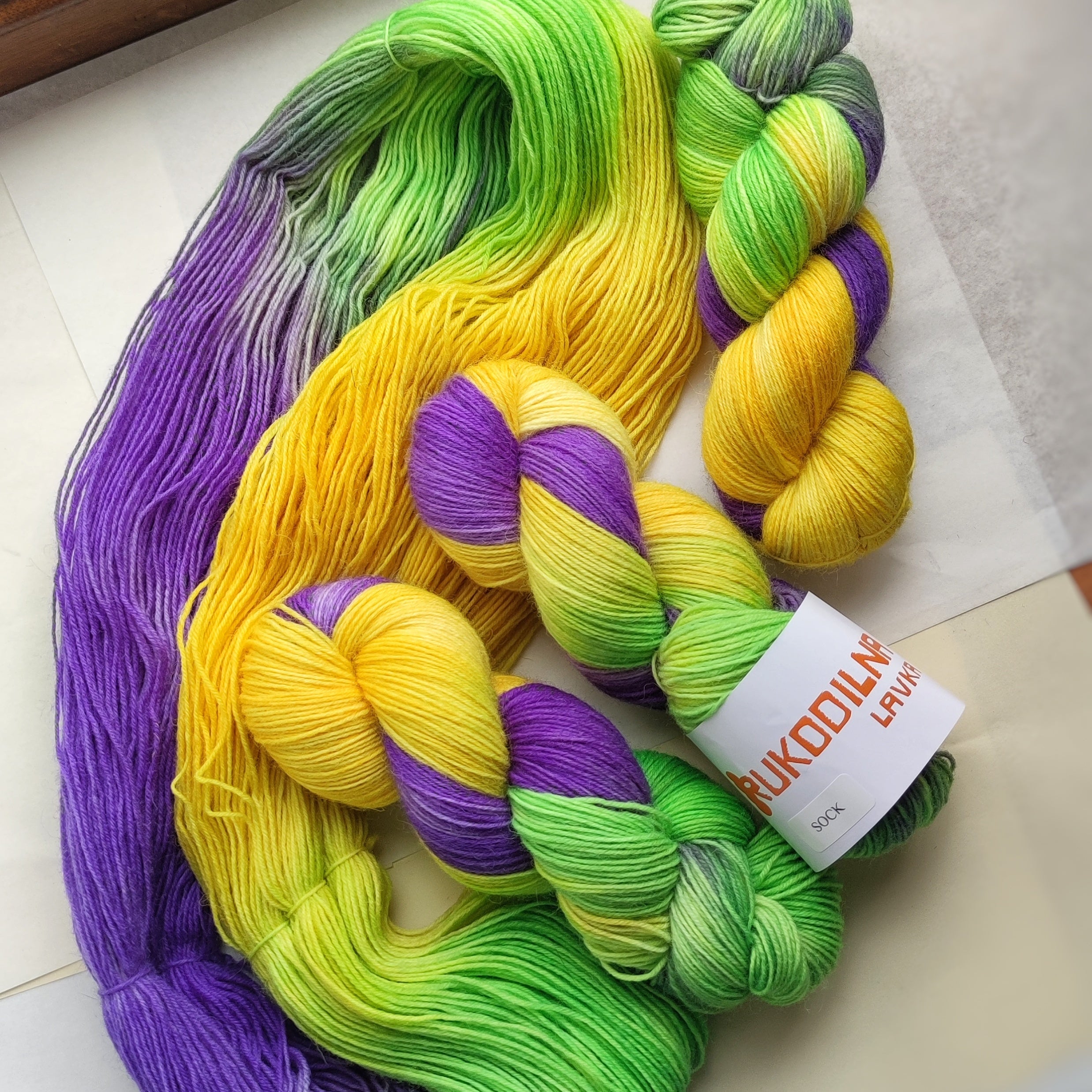 Hand Dyed Sock Yarn – Purple Yellow Green Variegated Yarn, 100g Fingering Weight Superwash Wool