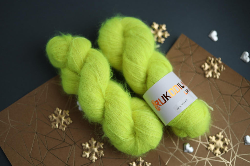 hand dyed fluorescent yellow silk mohair yarn skein by Rukodilna Lavka lace weight knitting yarn
