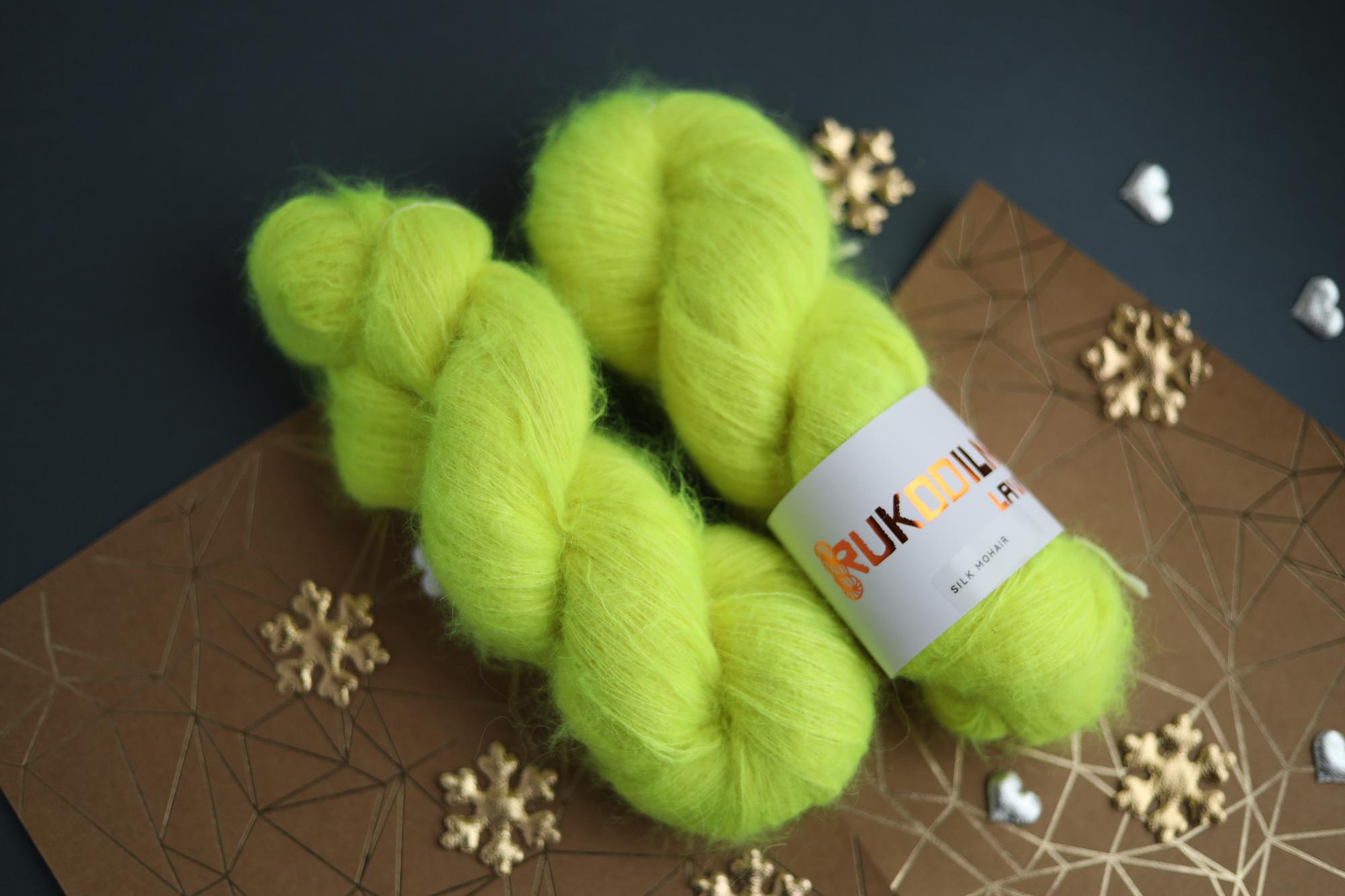 hand dyed fluorescent yellow silk mohair yarn skein by Rukodilna Lavka lace weight knitting yarn