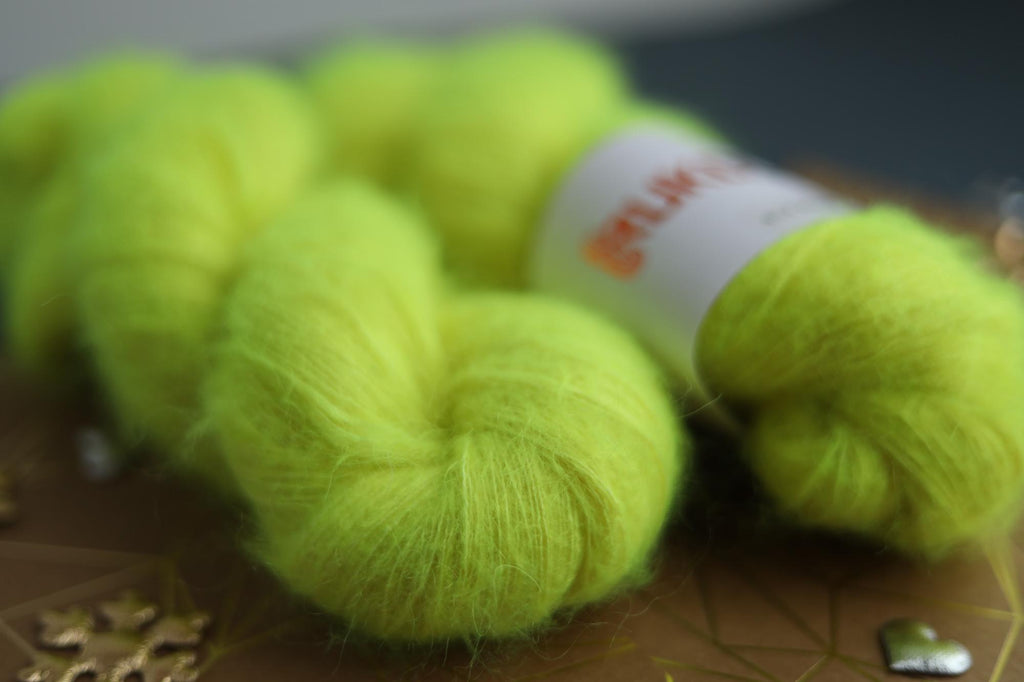 hand dyed fluorescent yellow silk mohair yarn skein by Rukodilna Lavka lace weight knitting yarn