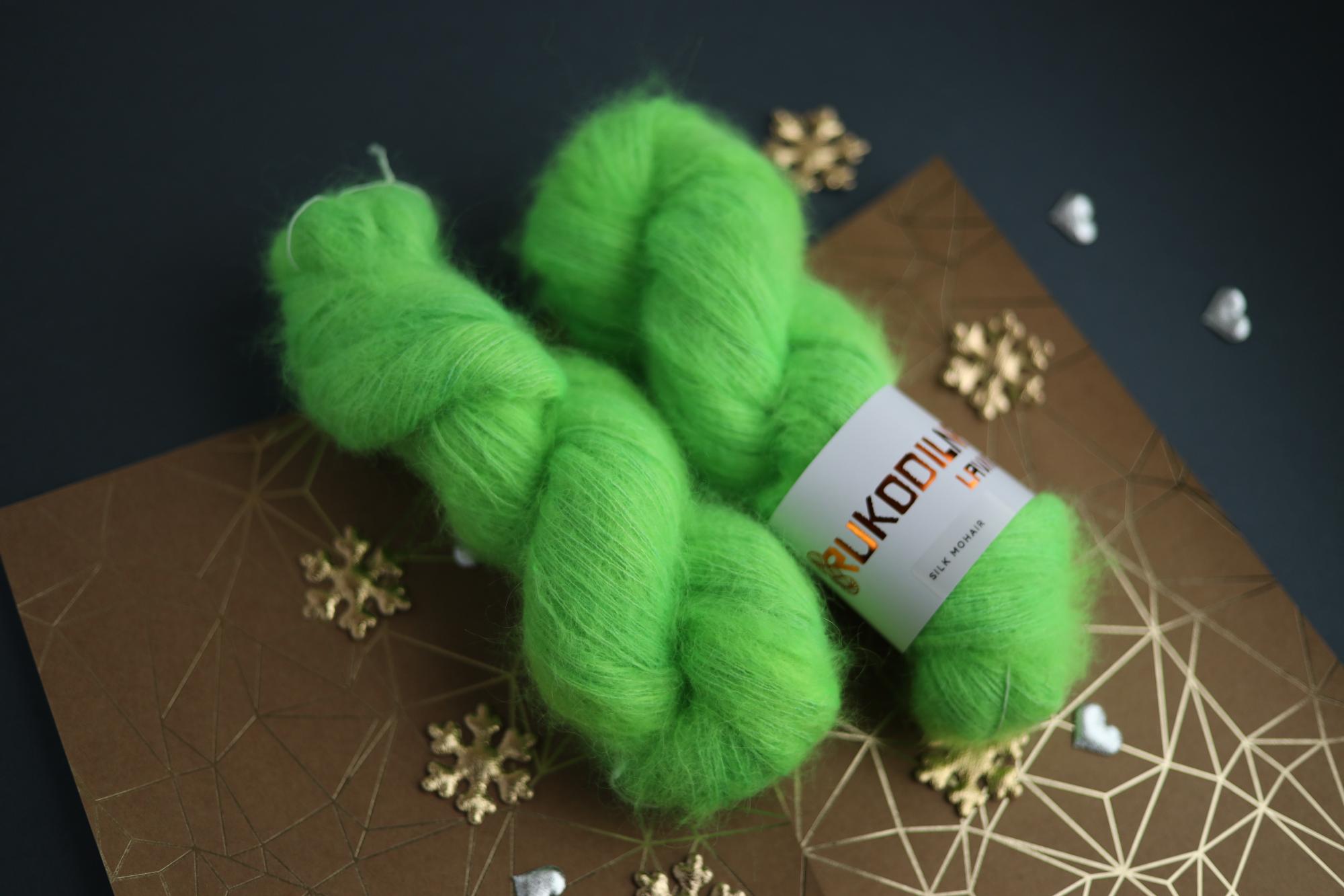 hand dyed fluorescent green silk mohair yarn skein by Rukodilna Lavka lace weight knitting yarn