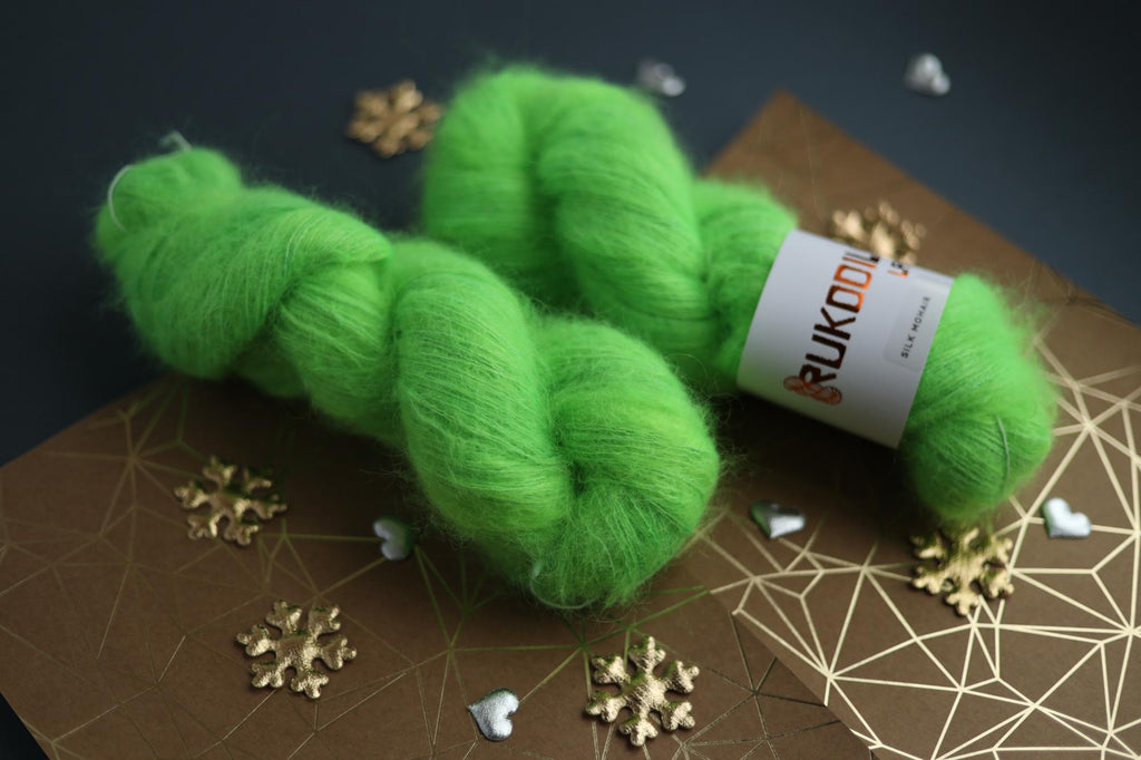 hand dyed fluorescent green silk mohair yarn skein by Rukodilna Lavka lace weight knitting yarn