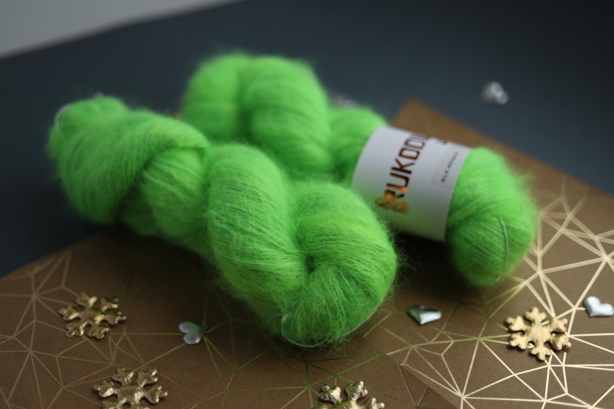 hand dyed fluorescent green silk mohair yarn skein by Rukodilna Lavka lace weight knitting yarn