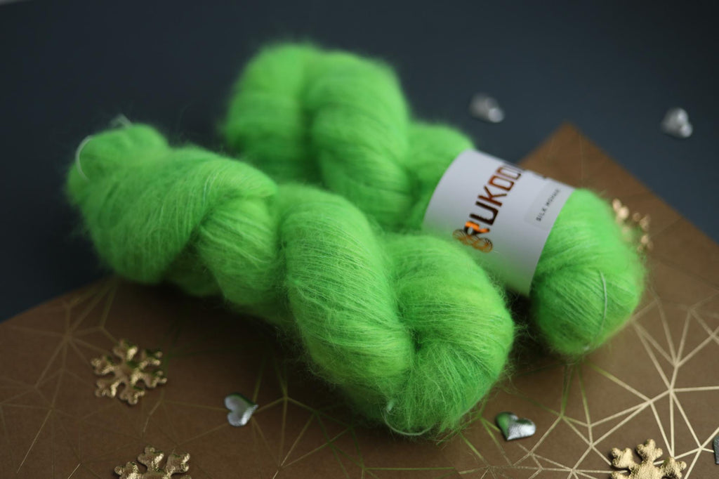 hand dyed fluorescent green silk mohair yarn skein by Rukodilna Lavka lace weight knitting yarn
