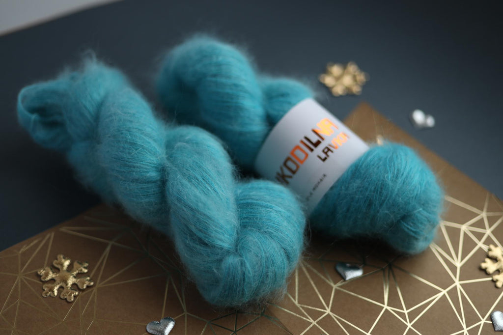 hand dyed turquoise silk mohair yarn skein by Rukodilna Lavka lace weight knitting yarn