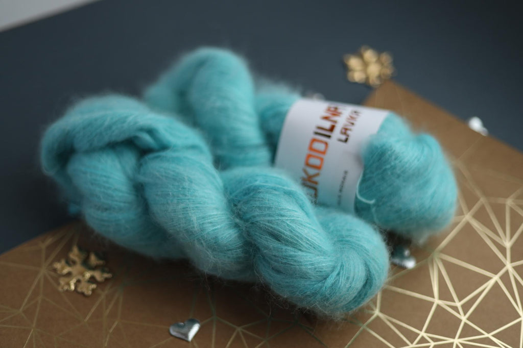 hand dyed turquoise silk mohair yarn skein lace weight fluffy knitting yarn
