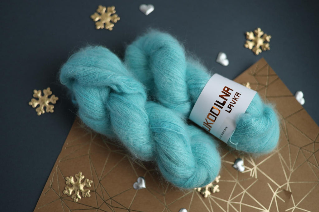 hand dyed turquoise silk mohair yarn skein lace weight fluffy knitting yarn