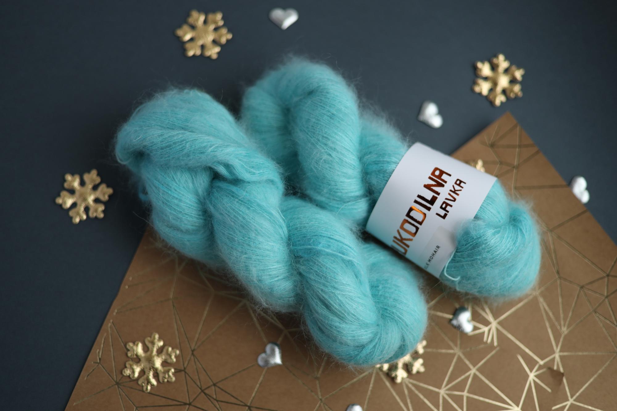 hand dyed turquoise silk mohair yarn skein lace weight fluffy knitting yarn