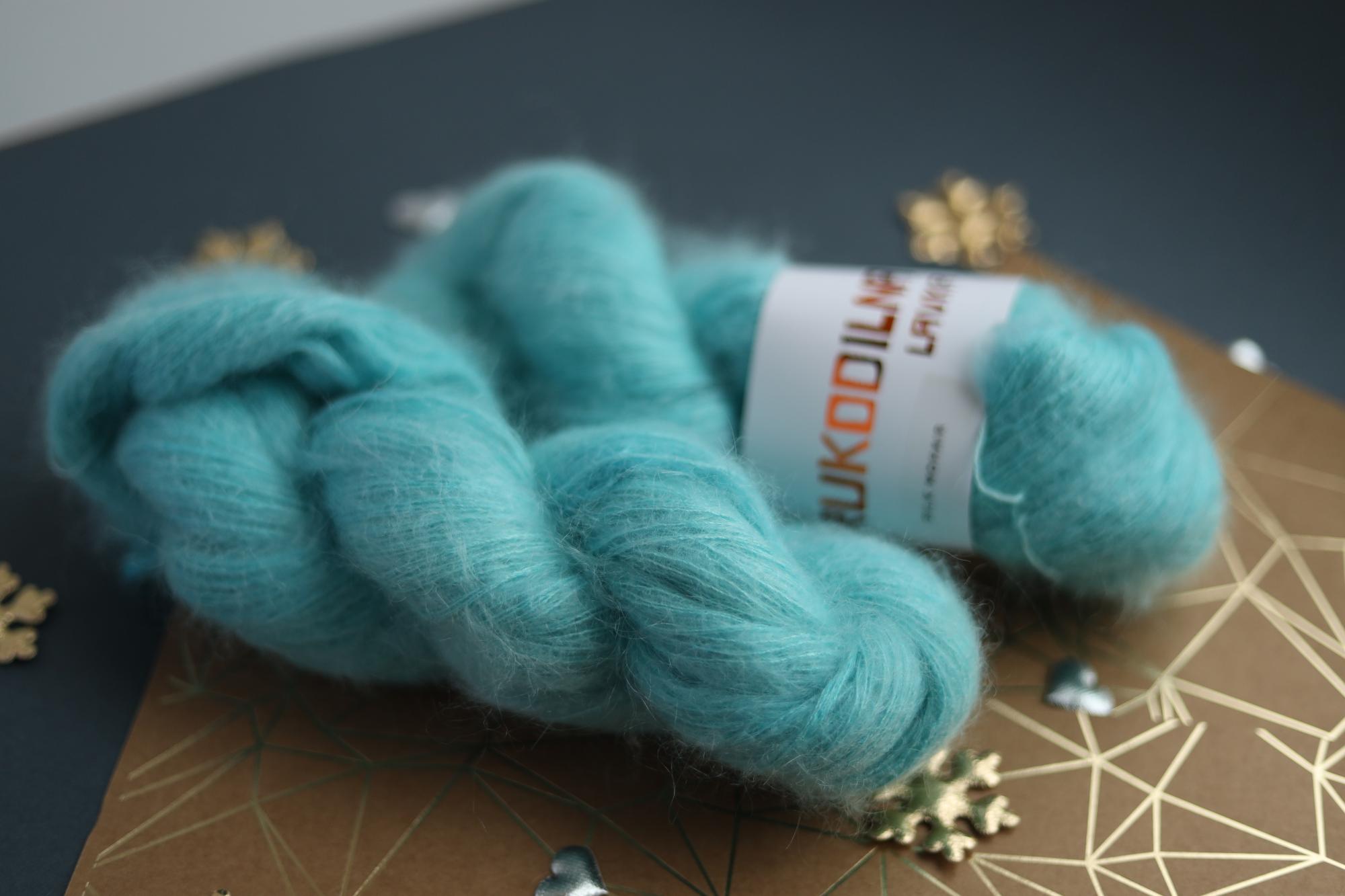 hand dyed turquoise silk mohair yarn skein lace weight fluffy knitting yarn