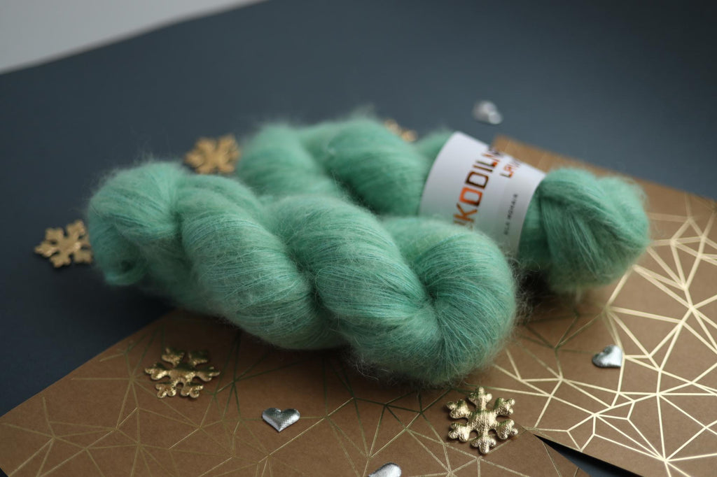 hand dyed mint green silk mohair yarn skein fluffy lace weight knitting yarn