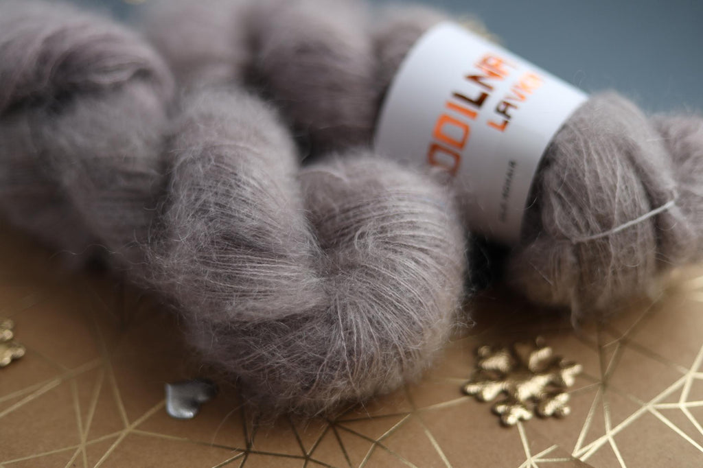 hand dyed taupe gray mohair silk yarn skein with soft halo texture
