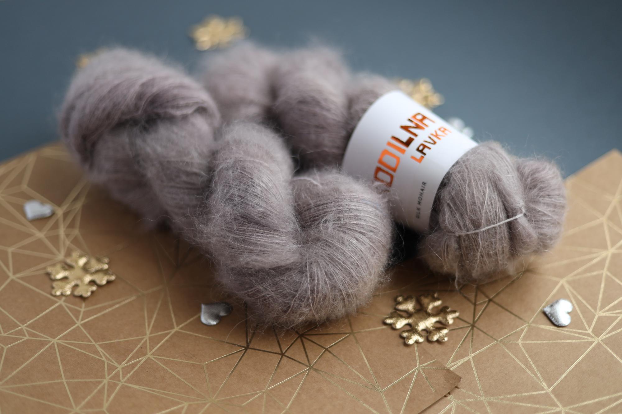 hand dyed taupe gray mohair silk yarn skein with soft halo texture