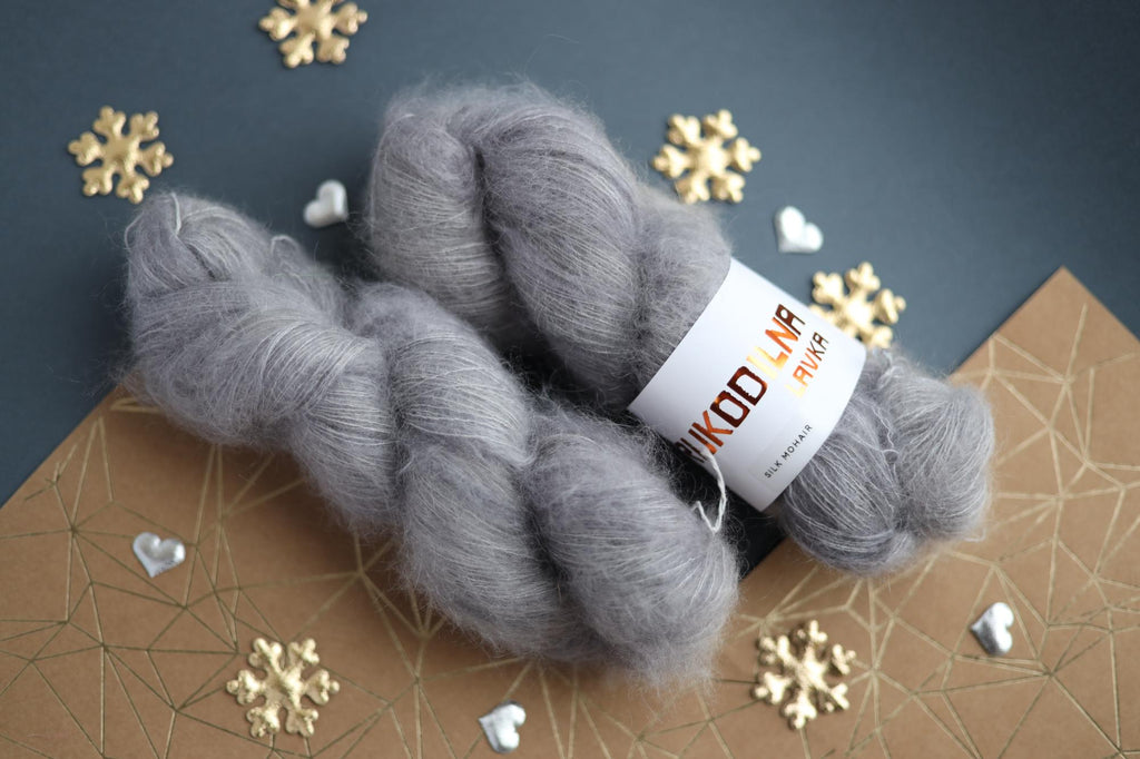 hand dyed silver gray mohair silk yarn skein with soft fluffy halo