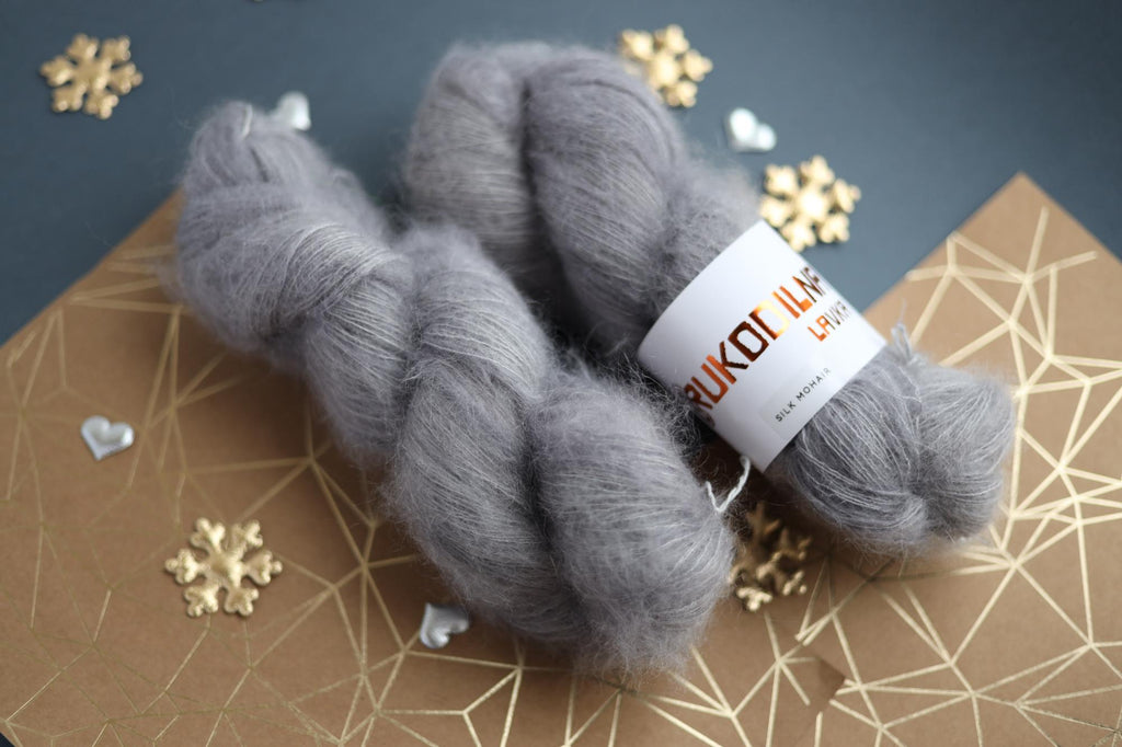 hand dyed silver gray mohair silk yarn skein with soft fluffy halo