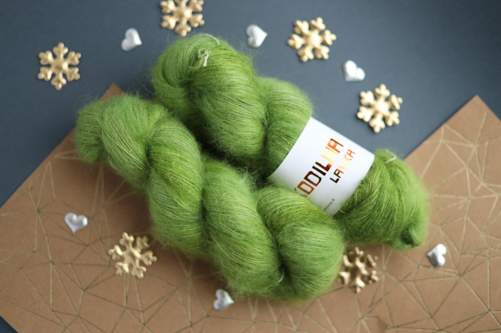 hand dyed apple green mohair silk yarn skein with soft fluffy halo