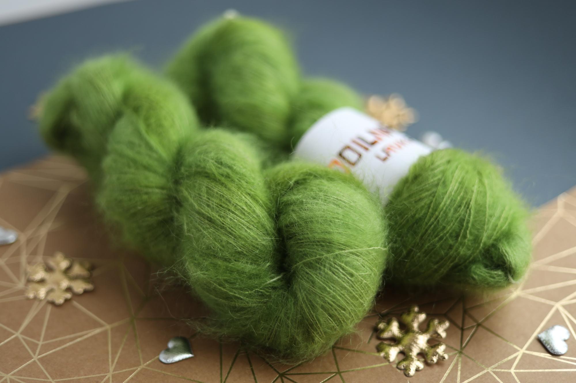 hand dyed apple green mohair silk yarn skein with soft fluffy halo