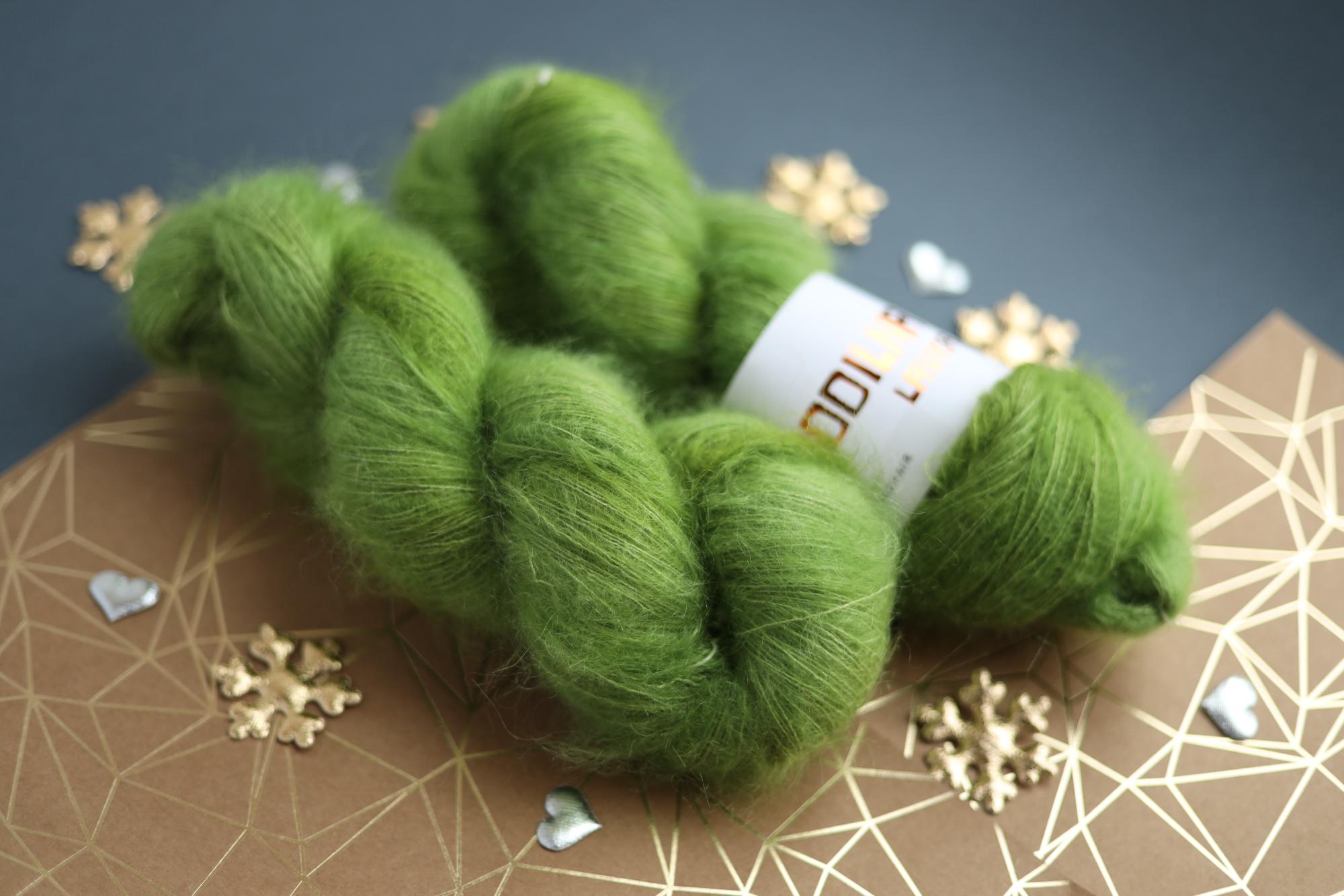 hand dyed apple green mohair silk yarn skein with soft fluffy halo