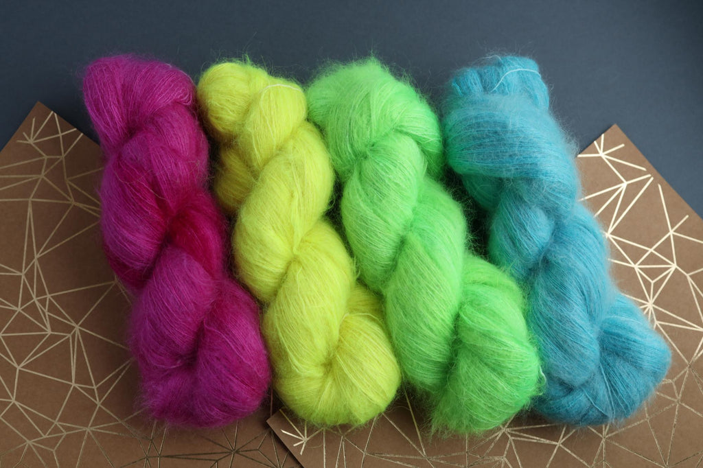 hand dyed fluorescent green silk mohair yarn skein by Rukodilna Lavka lace weight knitting yarn