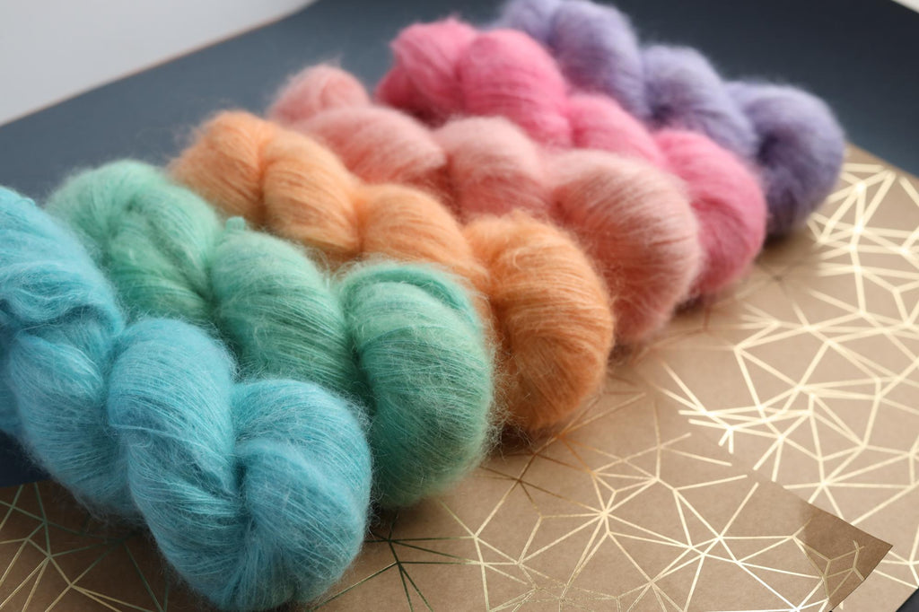 hand dyed turquoise silk mohair yarn skein lace weight fluffy knitting yarn