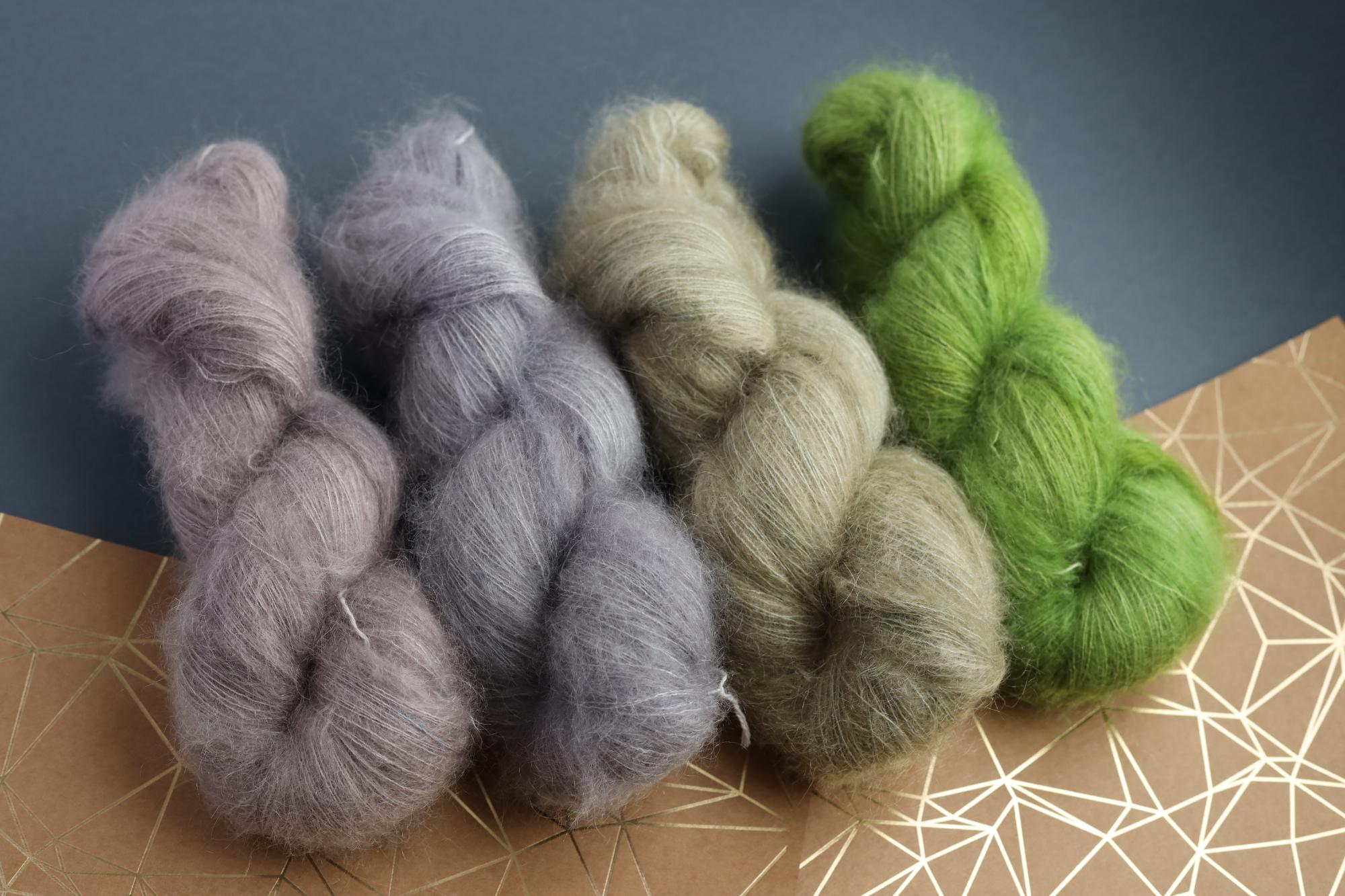 hand dyed taupe gray mohair silk yarn skein with soft halo texture