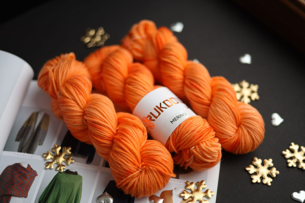 Hand dyed orange merino yarn skeins, sport weight superfine merino wool, 100g 180m