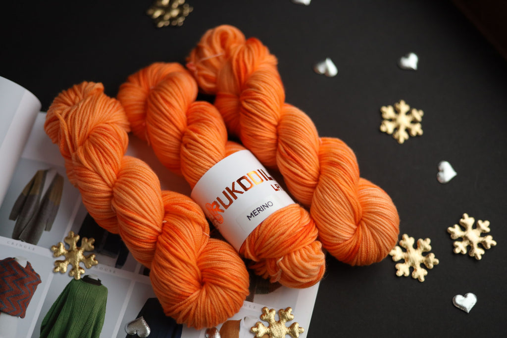 Hand dyed orange merino yarn skeins, sport weight superfine merino wool, 100g 180m