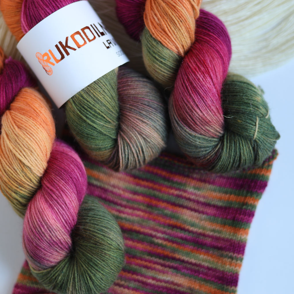 Hand dyed fingering sock yarn skeins in variegated autumn colors with knitted sock swatch