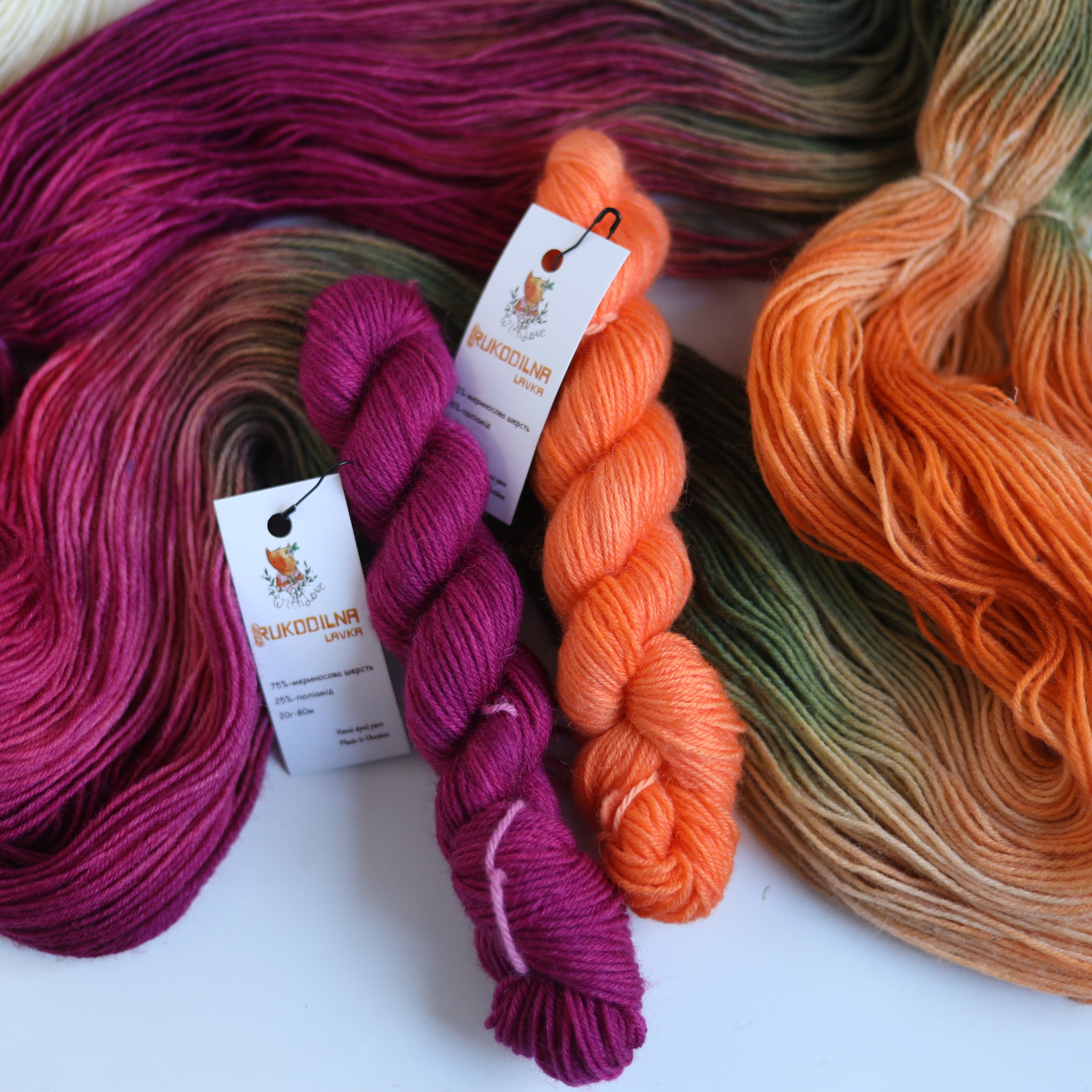 Hand dyed fingering sock yarn skeins in variegated autumn colors with knitted sock swatch