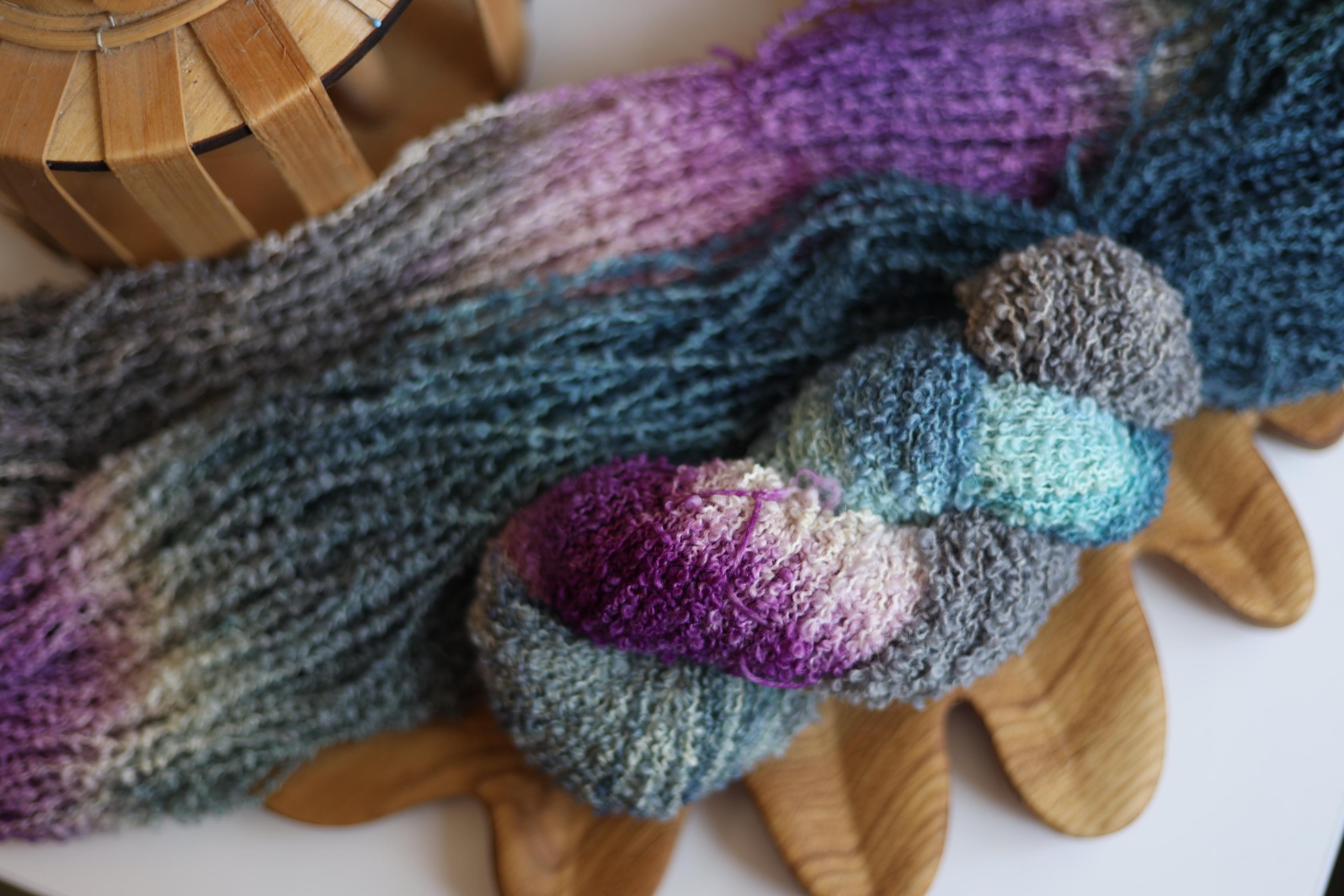 Hand Dyed Boucle Yarn – Purple Blue Merino Wool Boucle, Textured Loop Yarn for Knitting and Crochet, 100g 170m