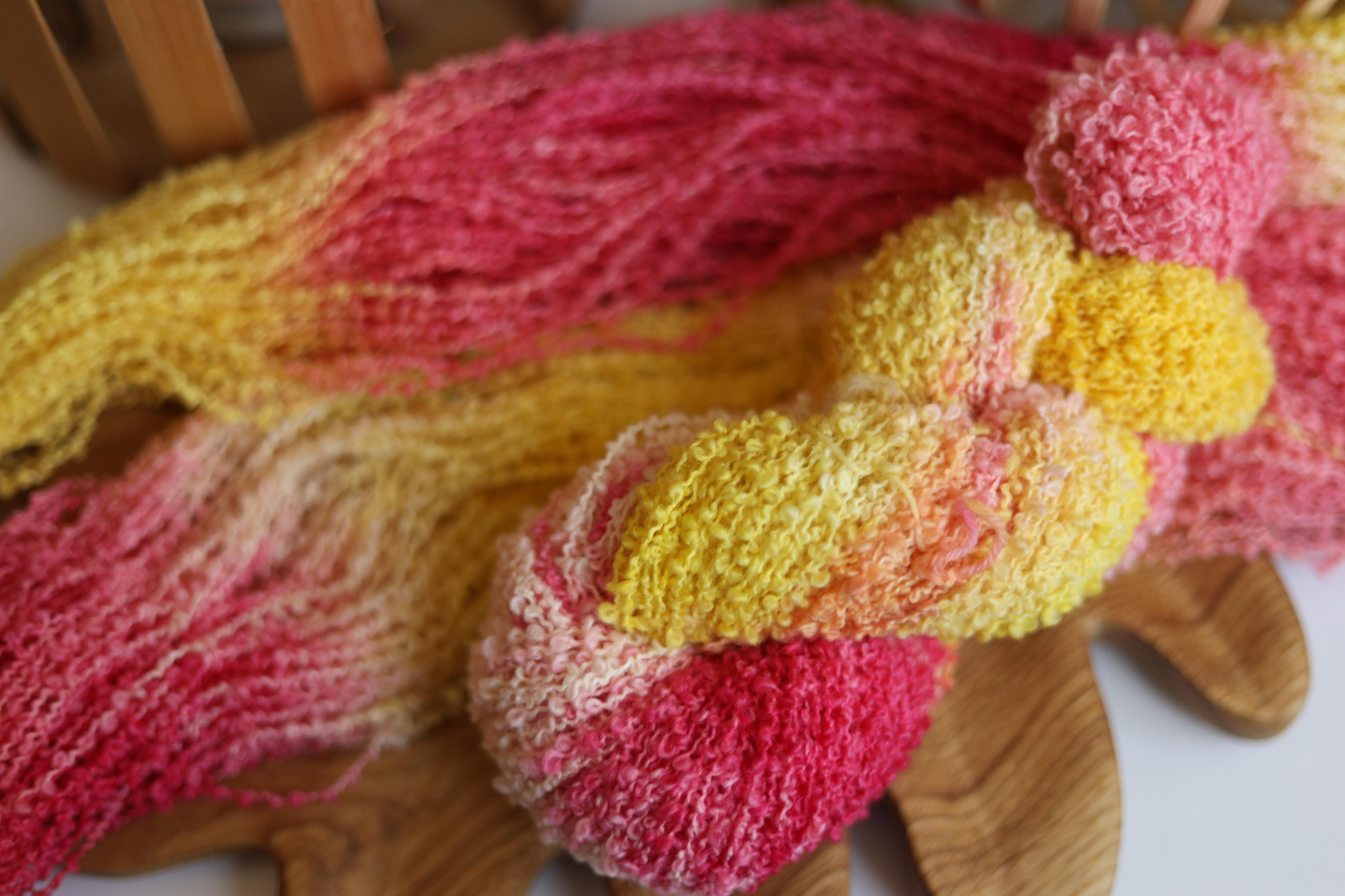 Hand Dyed Boucle Yarn – Pink Yellow Merino Boucle, Textured Loop Yarn for Knitting and Crochet, 100g 170m