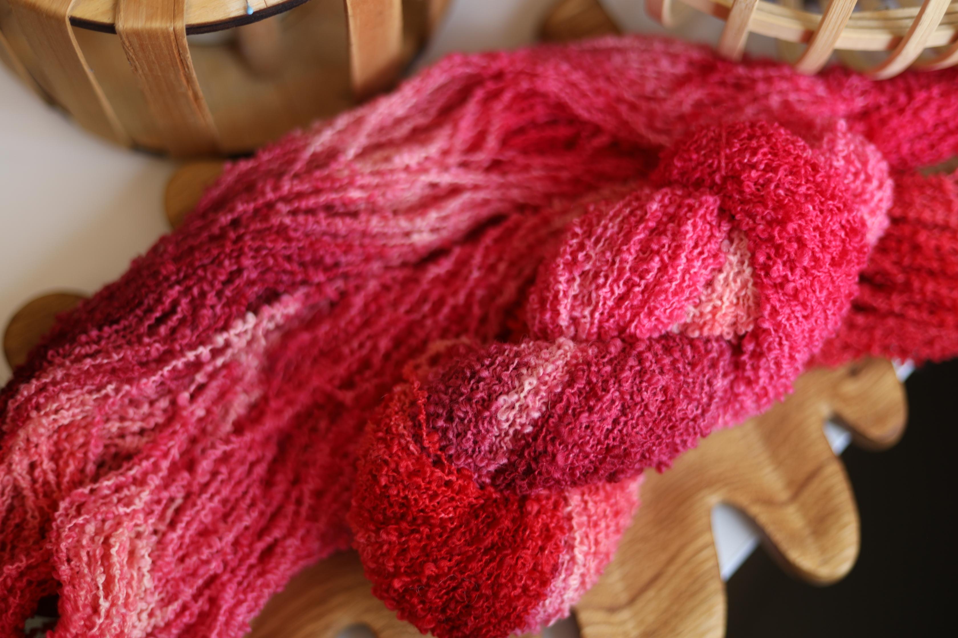 Hand Dyed Boucle Yarn – Raspberry Pink Merino Boucle, Textured Yarn for Knitting and Crochet, 100g 170m