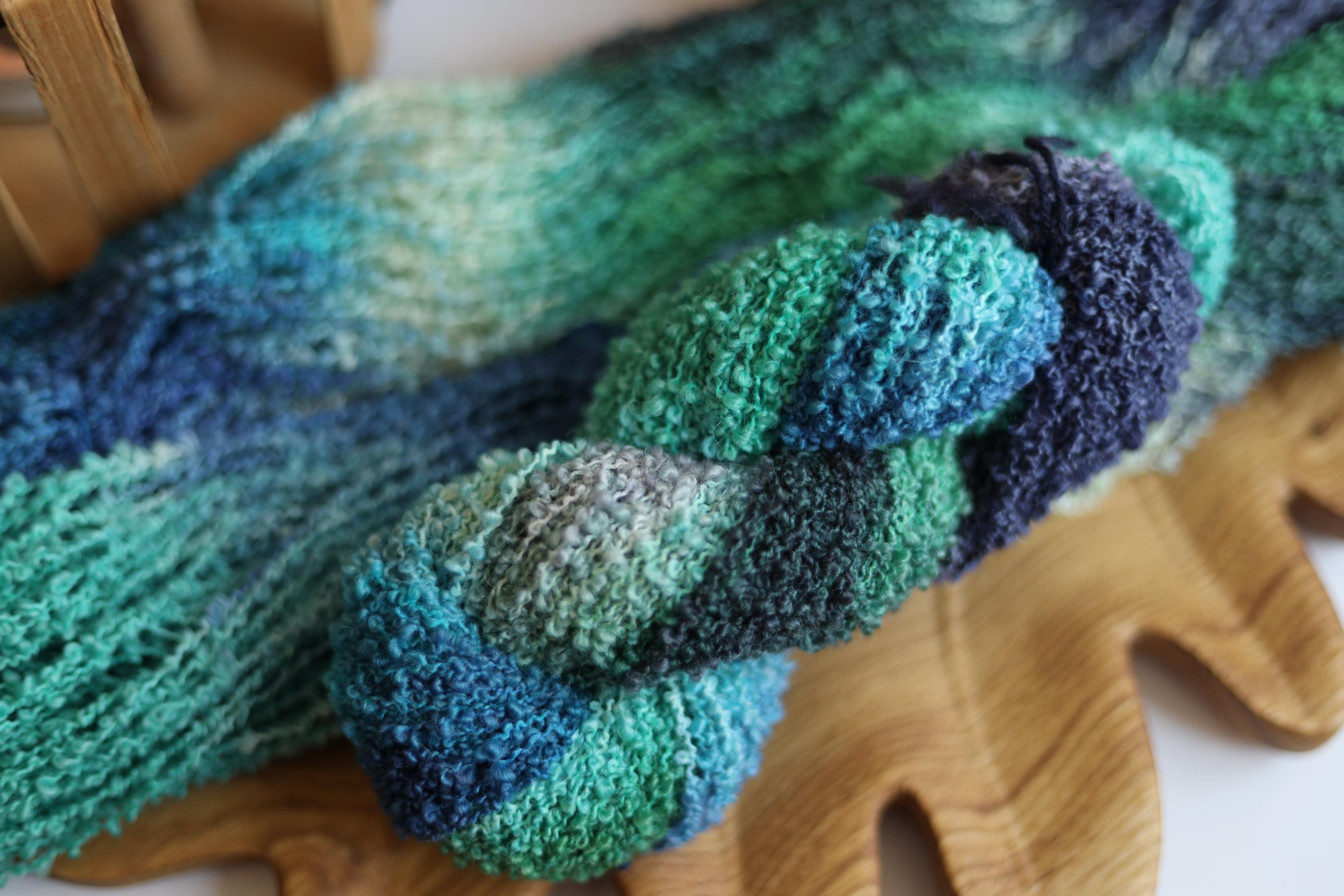 Textured Boucle Yarn for Sweaters and Cardigans, Hand Dyed Merino Loop Yarn, Blue Green Boucle Yarn, 100g 170m