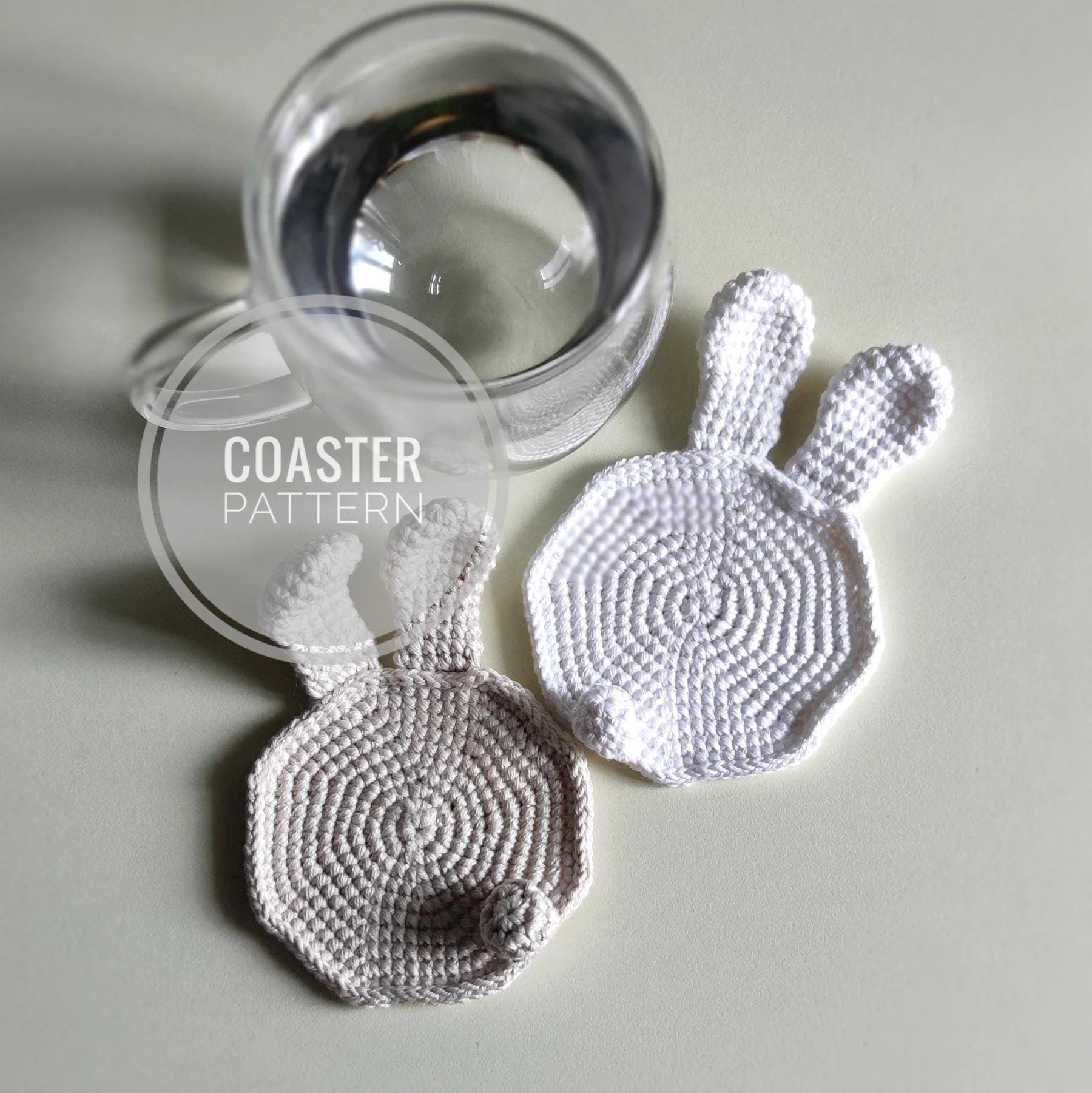 Crochet bunny coaster pattern with cup, Easter bunny shaped coaster made with cotton yarn