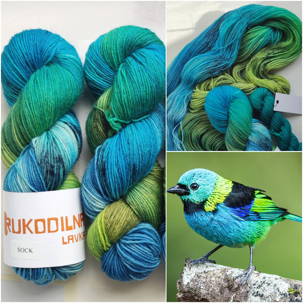 Hand dyed sock yarn in blue green tropical tones, variegated fingering weight wool nylon yarn for knitting socks